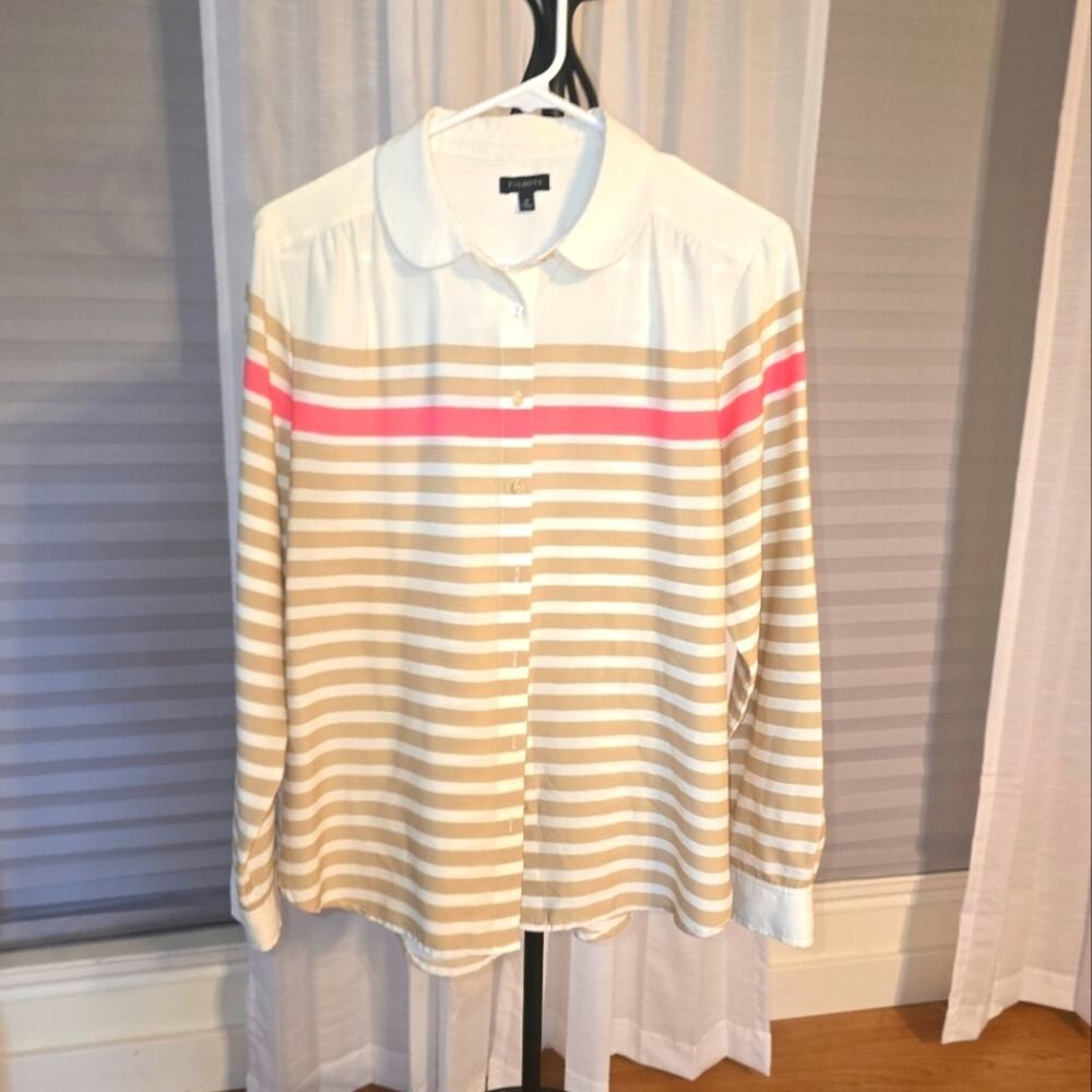 TALBOTS BLOUSE TOP SHIRT WOMEN'S SIZE 12 TAN IVORY PINK BUTTON UP LONG SLEEVES
